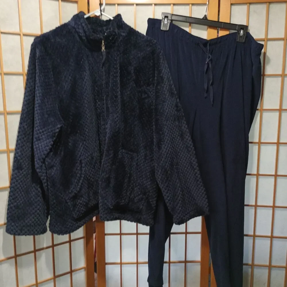Cuddl Duds Plush Fleece Lounge Set XL Navy Zip Jacket Pants Soft Cozy Pajamas
